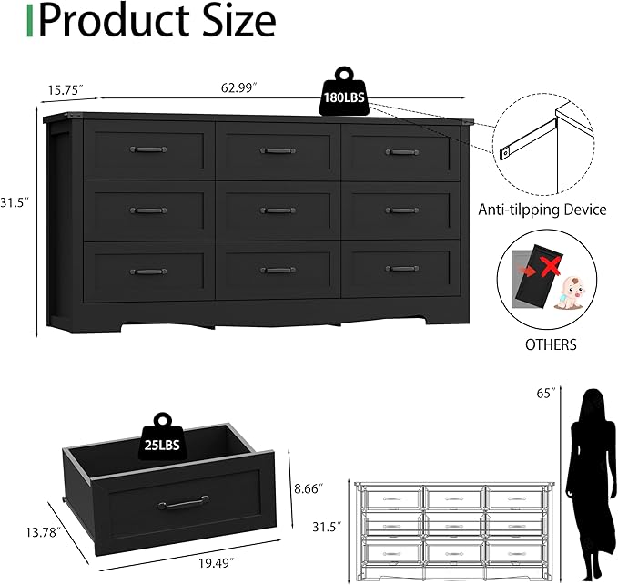 Dresser for Bedroom with 9 Drawers, 63" Wide Wood Chest of Drawers with Deep Drawers & Mental Handle, Modern Dresser TV Stand, Wooden Closet Storage Organizer for Living Room, Hallway, Entryway, Black