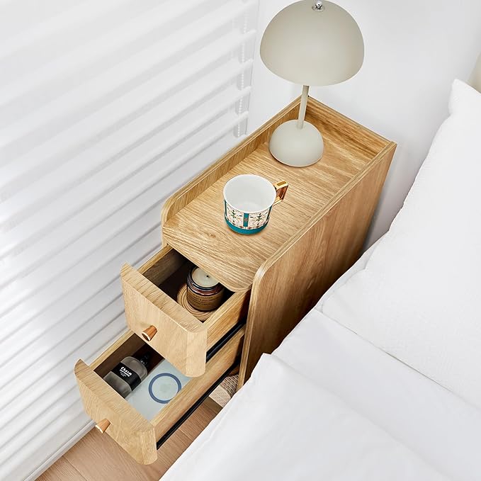 Small Nightstand Set of 2, Wood 2 Drawer Narrow Nightstand, Slim Side Table, Modern Skinny End Bedside Table, Natural Wood Night Stand with Drawers for Bedroom (Natural-2 pcs)