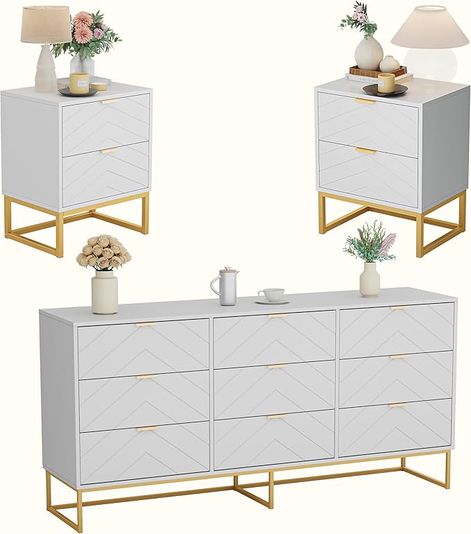 Anbuy Morden 9 Drawer Dresser and Nightstand Sets for Bedroom, Night Stand Set of 2 & 9 Drawer Dresser with Gold Handles, Morden Wood Chest of Drawers Storage Cabinet Set, White