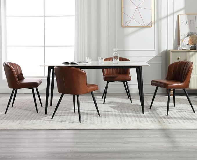 Ealson Modern Dining Chairs Set of 4 Leather Upholstered Accent Dining Room Chairs with Metal Legs Comfortable Armless Kitchen Chairs for Living/Dining Room, Brown