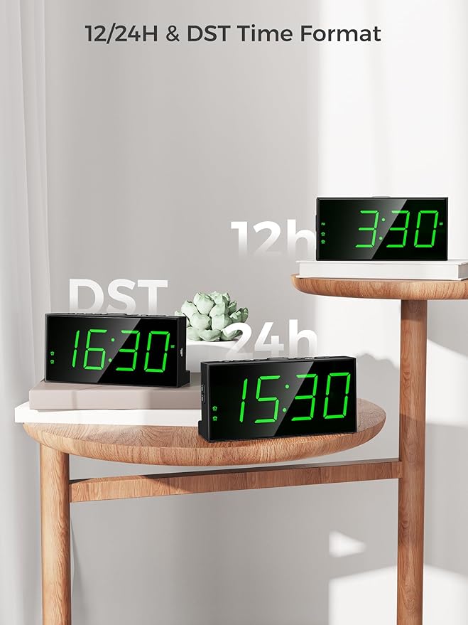 PPLEE Digital Alarm Clock for Bedroom, 2 Alarms Large Big Numbers Display with Dimmer for Living Room, Electric Bedside Desk Clock with Power Adapter, USB Charger, Adjustable Volume, Green LED Display