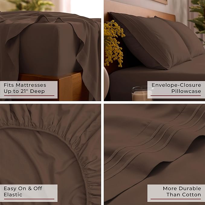 Mellanni Full Sheet Set - 6-Piece Iconic Collection Bedding, (Including 4 Pillowcases), 21-Inch Extra Deep Pocket, Easy Care, Ultra Soft, Cooling Sheets, Brushed Microfiber - Brown