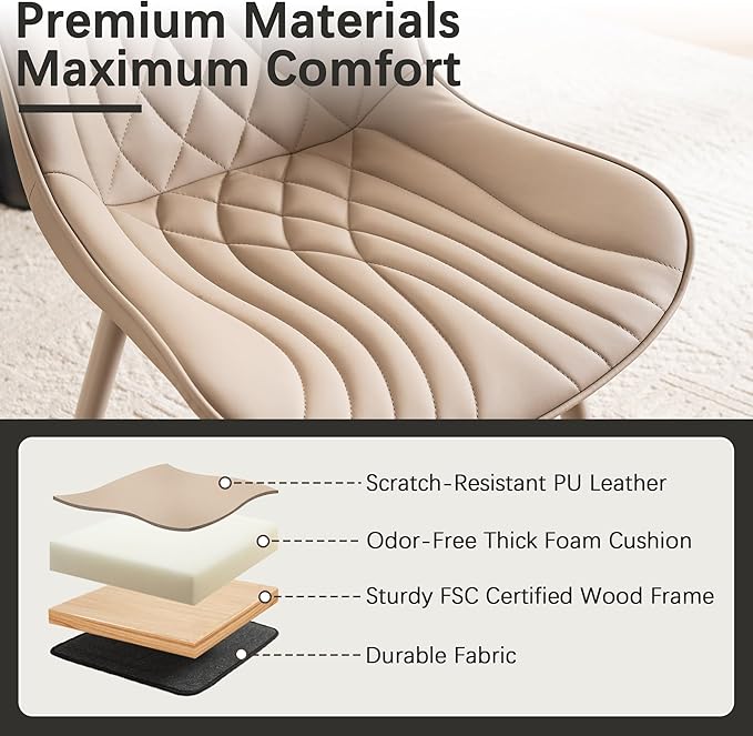 YOUTASTE Modern Upholstered Dining Chairs Set of 2, All Khaki Faux Leather Kitchen Chairs, Mid-Century Armless Accent Chairs with Metal Legs for Living Room, Bedroom