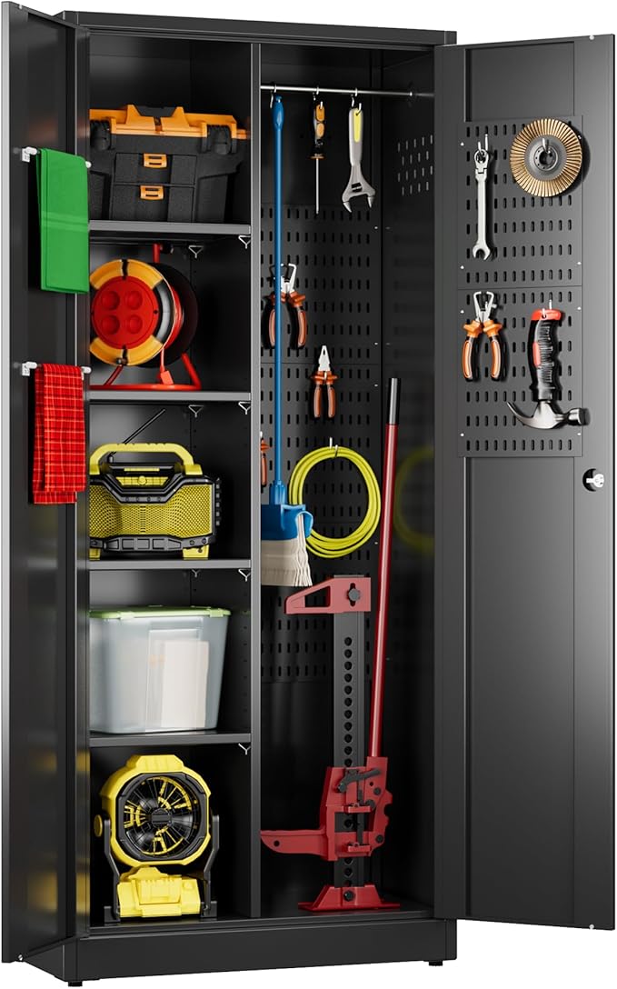 27.55 in Wide Garage Storage Cabinet, Metal Storage Cabinet with Pegboards and 4 Adjustable Shelves, Garage Storage System with Lockable Door for Offices, Gyms and Pantries, Black