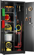 33.93 in Wide Garage Storage Cabinet, Metal Storage Cabinet with Pegboards and 4 Adjustable Shelves, Garage Storage System with Lockable Door for Offices, Gyms and Pantries, Black