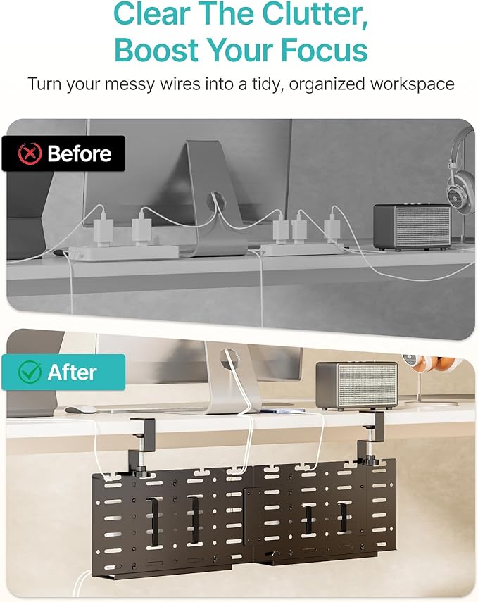 Under Desk Cable Management Tray, 30.2" Vertical Metal Pegboard Organizer for Power Strip, Cables, Clamp On Cord Organizer Rack with Hooks, Trays & Cable Straps for Home Office, Black
