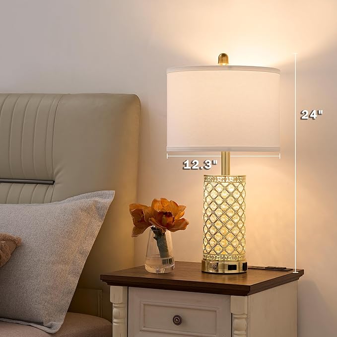 Crystal Table Lamp Set of 2-24in Gold Bedroom Lamps 3-Way Dimmable Touch Lamp with Night Light, 2 USB Ports + AC Outlet Bedside Night Stand Lamp for Living Room (Gold-2 Pack 24In)