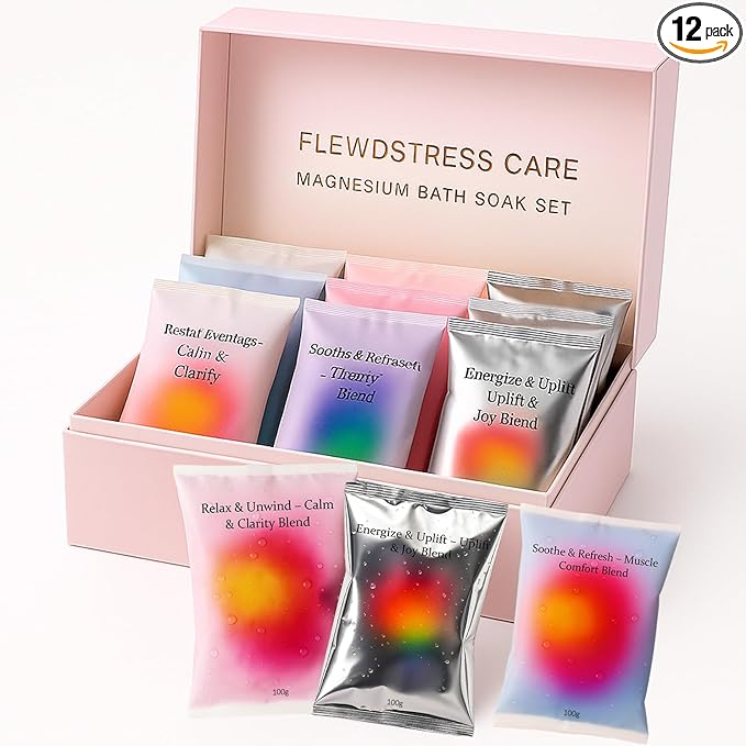 Flewdstress Care Magnesium Bath Soak Set – 12 Soaks, 4 Relaxing Varieties – for Relaxation, Restful Nights, Muscle Comfort & Uplifted Mood