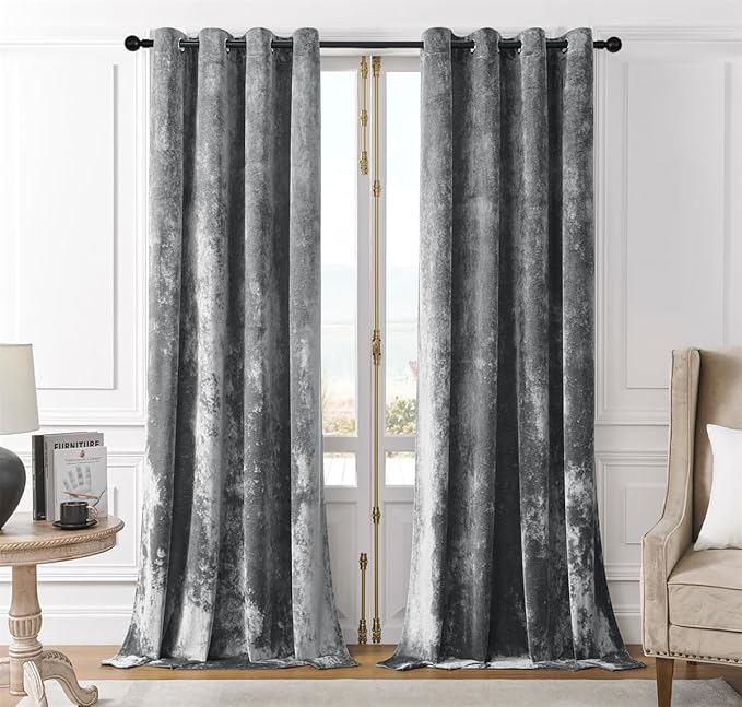 SMILETIME Grey Crushed Velvet Curtains 52x96 inch Luxurious Thermal Insulated Soundproof Drapes for Living Room Bedroom Office Soft and Durable Light-Filtering Window Treatments, 2 Panels