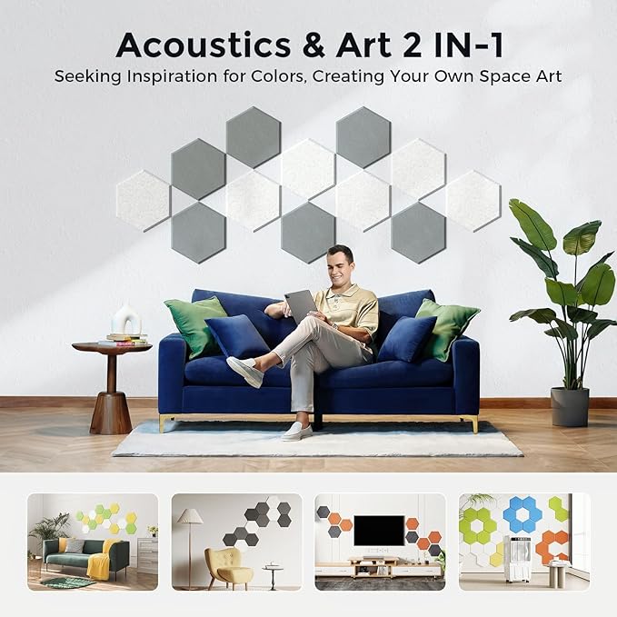 Self-Adhesive Acoustic Panels [390 lbs/yd³ Ultra-High Density], 2nd Generation Sound Absorbing Panel, Professional Level Sound Panel, Polyester Soundproof Foam [Size L, MoonGrey & SilverGrey]