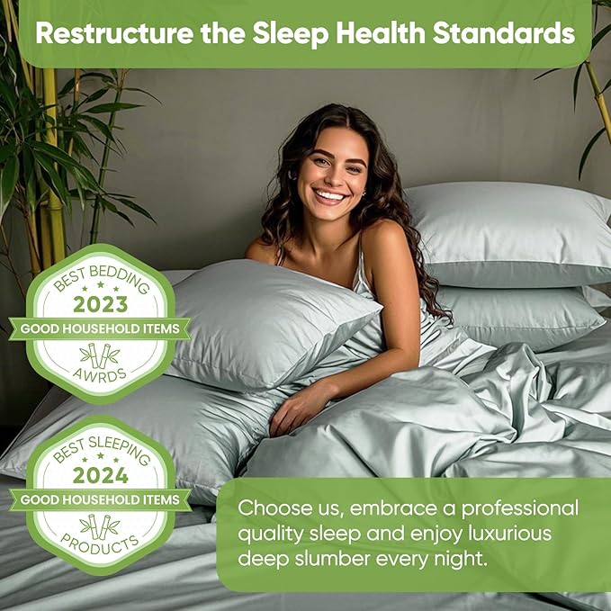 TWK Luxury Sheet Set, Genuine 100% Viscose Derived from Bamboo, Cooling & Breathable, Silky Soft, Bedding Sheets & Pillowcases (Sea Glass, Queen)