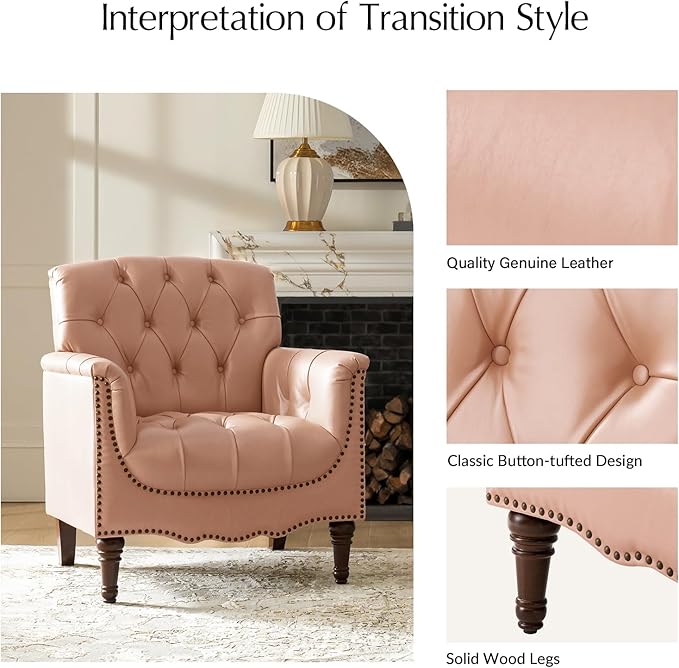 HULALA HOME Mid Century Modern Leather Club Chairs Set of 2, Top-Grain Genuine Leather Armchairs with Button-Tufted Back & Solid Wood Legs, Accent Chairs for Living Room/Bedroom/Home Office, Pink