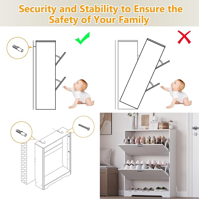 Shoe Cabinet with 2 Flip Drawers, Fluted Shoe Storage Cabinet with Adjustable Shelves, Freestanding Rack and Organizer for Entryway, Closet, Hallway