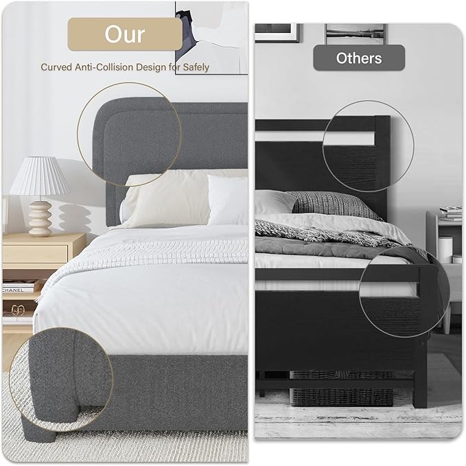 BarnFurin Queen Size Bed Frame, Boucle Upholstered Platform Bed Frame with Headboard, Modern Style, Soft Rounded Corners, No Box Spring Required, Easy Assembly, Dark Grey