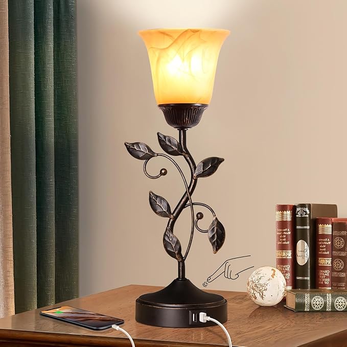 Touch Control Table Lamp with 2 USB Charging Ports, 3-Way Dimmable Bedside Nightstand Lamps, Amber Glass Shade Vintage Rural Leaf Lamp for Living Room, Bedroom, Dresser, LED Bulb Included (Bronze)