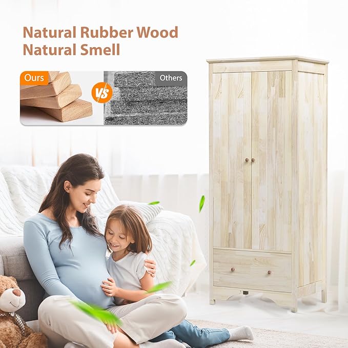 VINGLI Solid Wood Wardrobe Closet, Unfinished Natural Rubber Wood Armoire Color DIY, Wooden Wardrobe Closet with Doors and Drawers, Real Wooden Armoire for Hanging Clothes