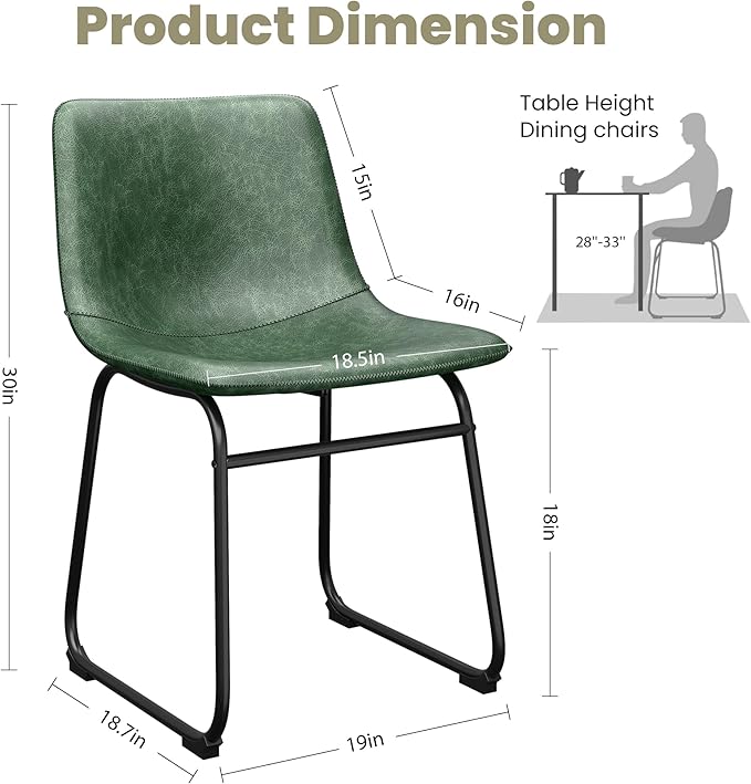 Dining Chairs Set of 2, 18 Inch Modern Armless Dining Chair with Back, Faux Leather Kitchen Dining Room Chair with Metal Legs for Home, Bistro Coffee Shops (Green)