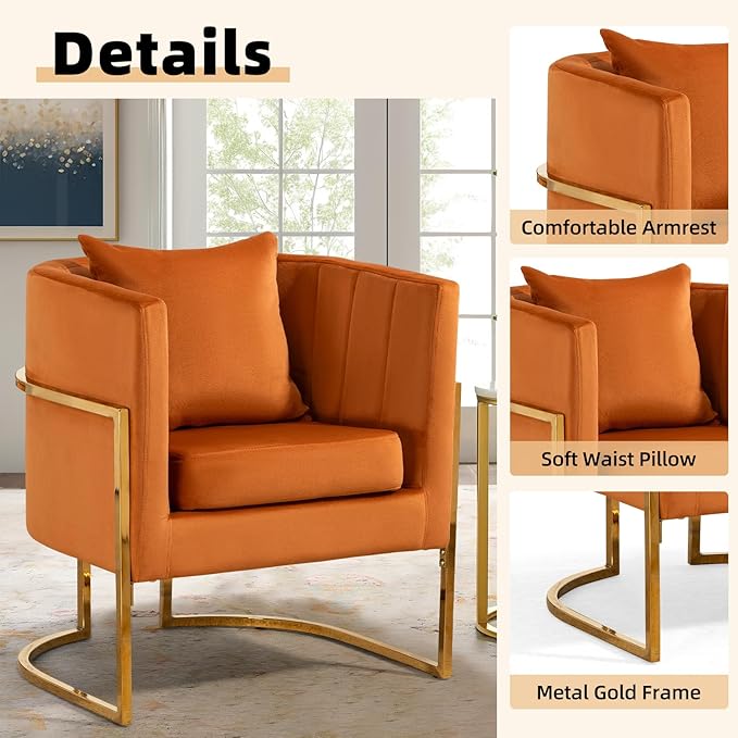Velvet Modern Accent Chair, Upholstered Barrel Armchair Mid Century with Pillow for Living Room, Comfy Single Vanity Chair with Metal Gold Legs for Bedroom, Orange