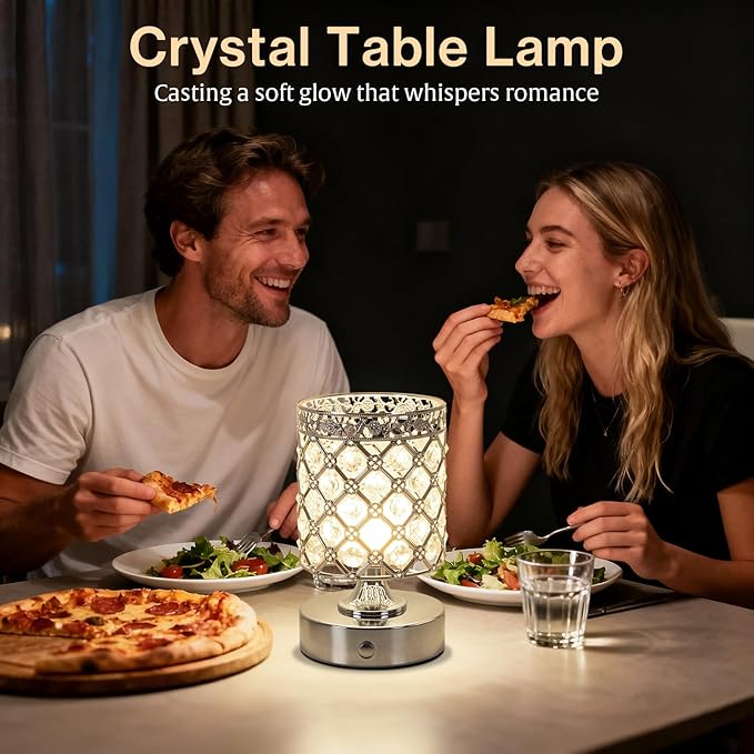 TOBUSA 6000mAh Crystal Battery Operated Lamp, Silver Modern Cordless Table Lamp Rechargeable, Portable Bedside Touch Small Desk Lamp 3000K-4500K-6000K, Stepless Dimmable Wireless LED Night Light