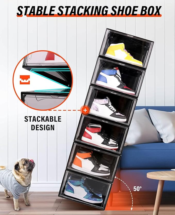 KDOR Clear Shoe Boxes Stackable, 3 Pack Shoe Storage Box with Lids Magnetic Door, Clear Sneaker Storage Acrylic Boxes for Display, Fit Shoe Size Up to US 15