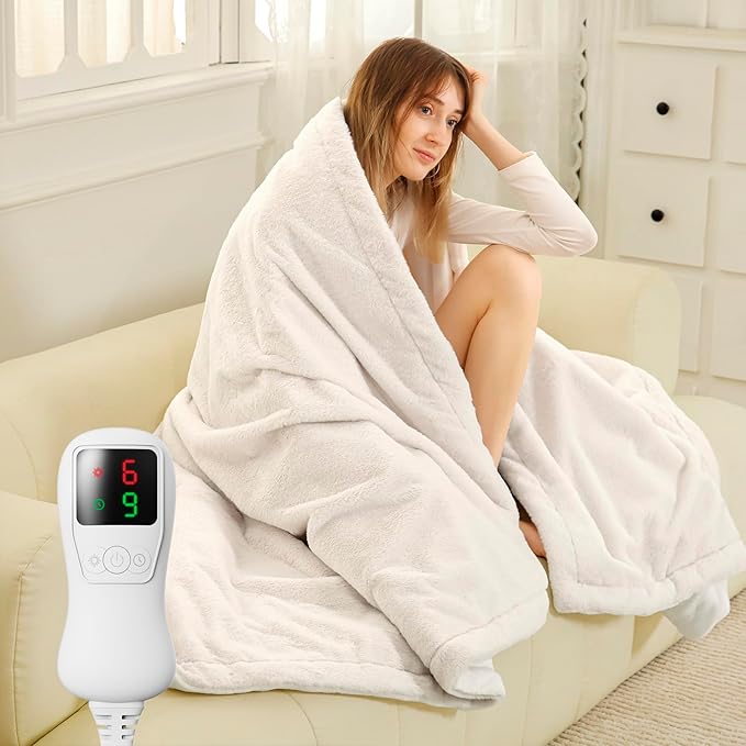 Heated Blanket Electric Blanket Throw Size, Super Soft Cozy Upgraded Flannel Heating Blanket with 9 Heating Levels & 1-9 Hours Auto Off, Fast Heat & Overheat Protection, 50" x 60", Blush White