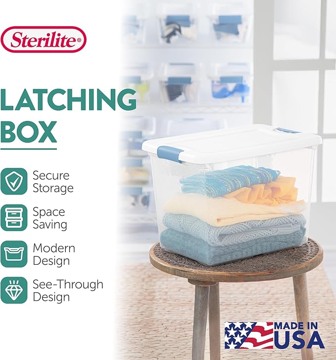 Sterilite 12-Pack Latching Box, Under Bed Storage Bins with Lids, Clear Plastic, 25 Quart - Heavy-Duty Organizing Containers for Closet, Bathroom, and Office