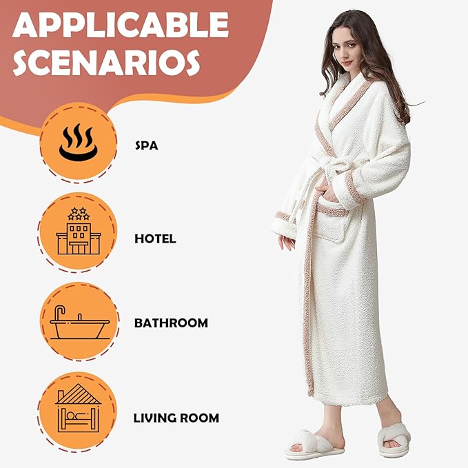 Oksun Womens Long Fleece Robe: Soft Fluffy Warm Bathrobe - Cozy Winter Housecoat Nigthgown with Chic Piping