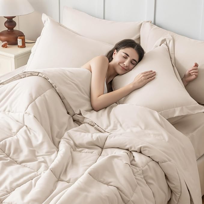 JOLLYVOGUE Full Comforter Set, Ultra-Soft Bed in a Bag Full Size 7 Pieces, Oeko-TEX Certified Bedding Set with Down Alternative Comforter, Sheets, Pillowcases & Shams, Beige