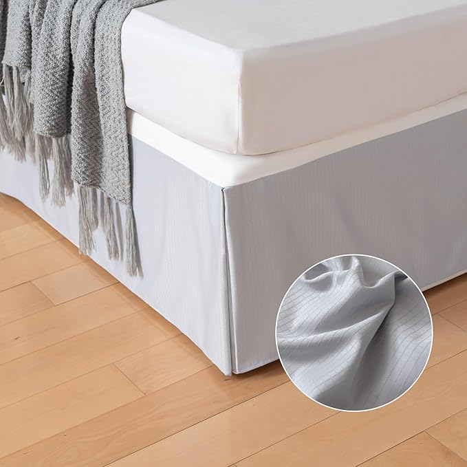 King Bed Skirt, Grid Plaid Soft Quadruple Pleated Ruffle Bed Skirt, Tailored Dust Ruffle 14 Inch Drop Easy Fit, Machine Washable (Silver Grey)