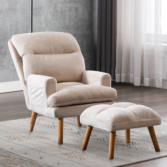 INZOY Accent Chairs with Ottoman Set, Modern Velvet Armchair with Adjustable Backrest, Comfy Lounge Chair for Living Room Bedroom, Creamy