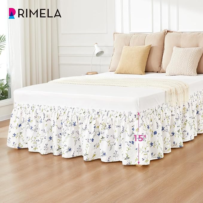 RIMELA Blue Berry Floral Bed Skirt Queen Size 15 Inch Drop, Elastic Bed Skirting for Bed Frame, Bedding Dust Ruffle Easy to Install, Lightweight Wrap Around Adjustable Bedskirt