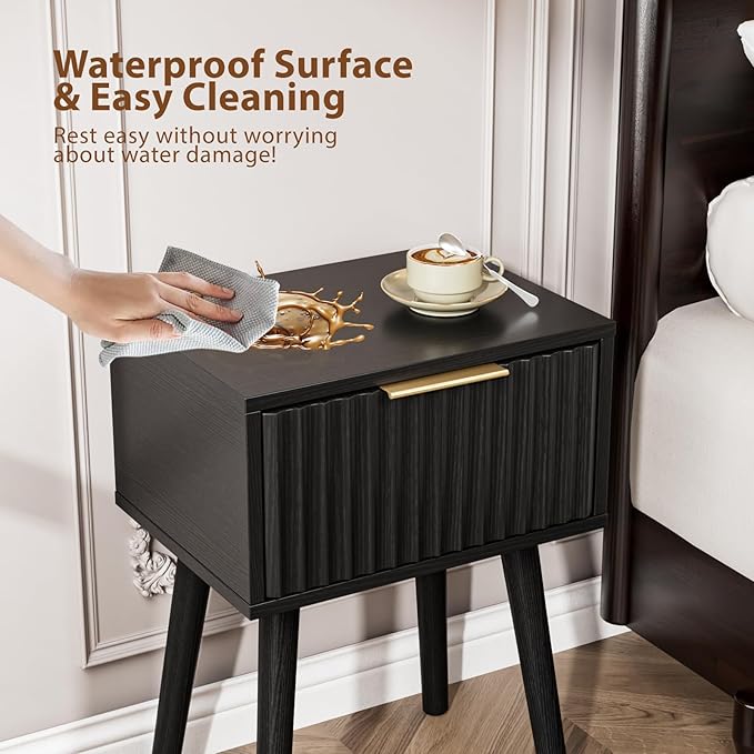 VINGLI Night Stand, Fluted Nightstand Wood, Mid Century Modern Nightstand for Bedroom, Bedside Table, Wood Side Table, Small Night Stand Black, 15.75" W*11.81" D*21.85" H