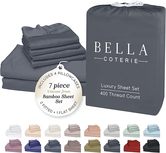 Bella Coterie 7 Piece Luxury Bamboo Viscose Split King Size Sheet Set | 2 Fitted Sheets for Adjustable Beds | 100% Organically Grown | Cooling for Hot Sleepers | 4 Pillowcases [Charcoal Grey]