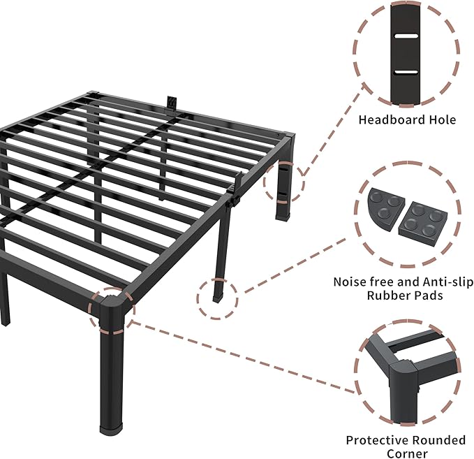 ROIL 16 Inch Full Bed Frame with Rounded Corner and Headboard Hole Mattress Retainers 3500LBS Metal Heavy Duty Steel Slats No Box Spring Needed Platform Noise-Free Easy Assembly