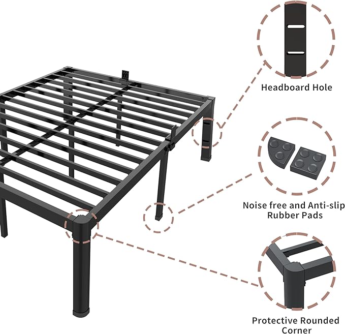 ROIL 18 Inch King Bed Frame with Rounded Corner and Headboard Hole Mattress Retainers 3500LBS Metal Heavy Duty Steel Slats No Box Spring Needed Platform Noise-Free Easy Assembly