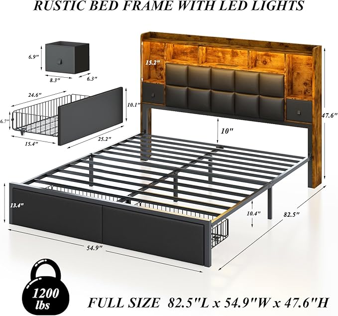 LED Bed Frame Full Size with Bookshelf PU Leather Headboard, 2 Hidden Storage Drawers, Upholstered Platform Bed with Charging Station, Metal Slats Support, Noise Free, No Box Spring Needed