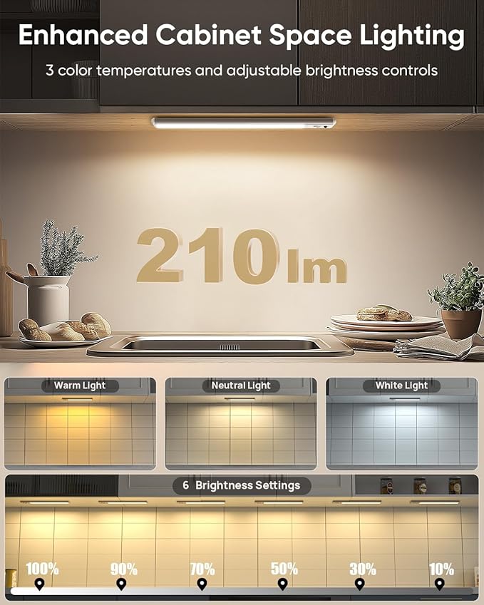 Under Cabinet Lighting Wireless, 2200mAh Rechargeable Battery Operated Motion Sensor Light Indoor, 3 Color Temps Under Counter Light, Dimmable Wireless Closet Lights w/Remote for Kitchen,Pantry,6 Pack