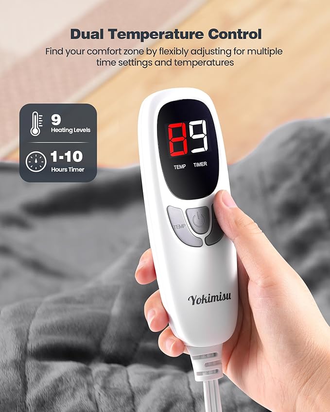 Heated Electric Blanket King- Super Soft Heating Blanket, Dual Control & 9 Heat Settings, 10 Hours Auto Off, Soft Flannel to Sherpa, Fast Heating Electric Throw, Machine Washable, 90 x 100''- Grey