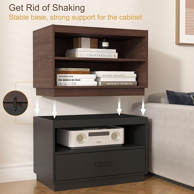Stackable Storage Drawers, 28" Wide Storage Bins with 2 Doors for Closet Organizers, Wood Stackable Closet Organizer Modern Large Stackable Storage Units for Living Room Hallway Bedroom, Brown
