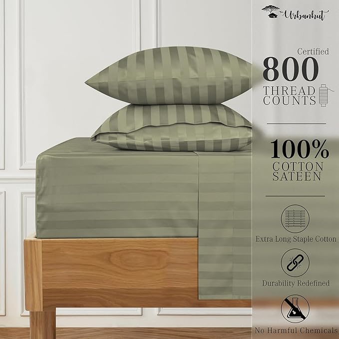 URBANHUT 800 Thread Count 100% Cotton Damask Twin Size Sheets, 4 Piece Striped Twin Size Bedsheets, Luxury Hotel Sheets Sateen Weave - Better Than Egyptian, 14" Elasticized Deep Pocket- Sage