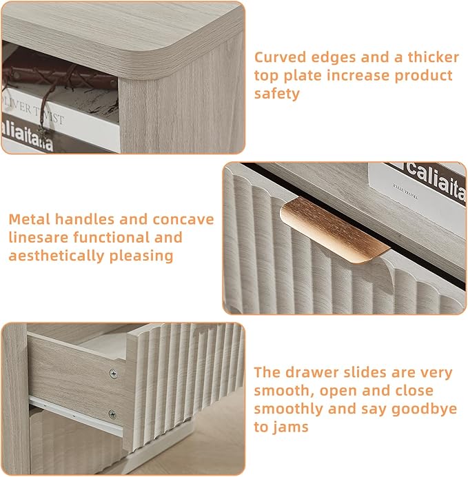 LEYAOYAO Fluted Farmhouse Nightstand Set of 2 with Charging Station, 23" Wide 2 Drawers Night Stand,LightGrey Dresser for Bedroom,Bed Side Table Chest of Drawers,Wood End Table for Living Room