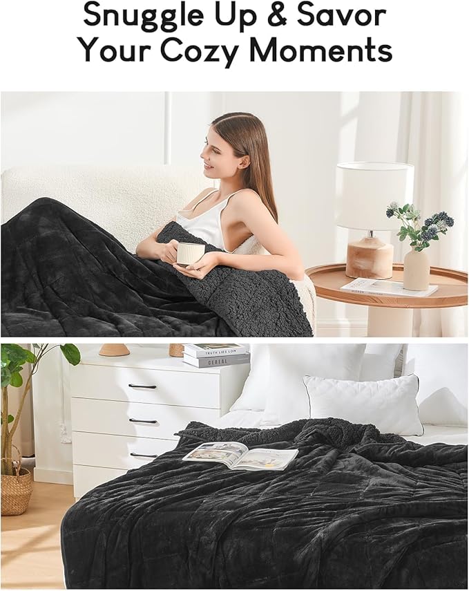 Cottonblue Weighted Blanket 15lbs 80x87 Inches for Queen King Size Bed, Ultra Soft Sherpa Weighted Throw Blankets for Relax and Sleep, Cozy Comfort Heavy Bed Blankets with Cemaric Beads, Black