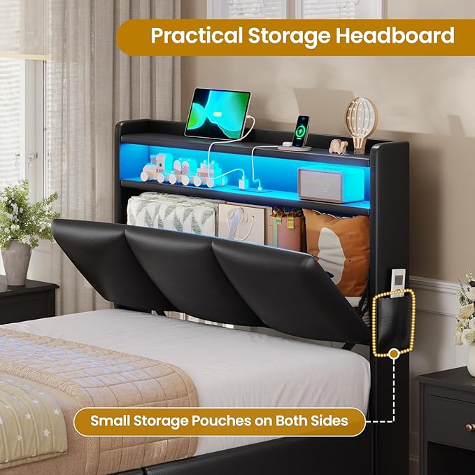 VIAGDO Twin Bed Frames with Storage Headboard and Charging Station, Leather Upholstered Bed Frame Twin Size with 4 Drawers and LED Lights, Type C and USB, No Box Spring Needed, Black
