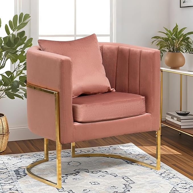 Velvet Modern Accent Chair, Upholstered Barrel Armchair Mid Century with Pillow for Living Room, Comfy Single Vanity Chair with Metal Gold Legs for Bedroom, Pink