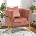 Velvet Modern Accent Chair, Upholstered Barrel Armchair Mid Century with Pillow for Living Room, Comfy Single Vanity Chair with Metal Gold Legs for Bedroom, Pink