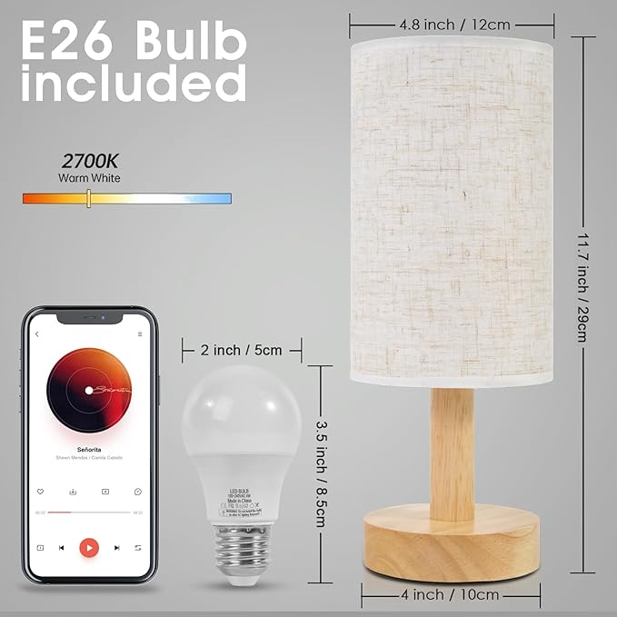 Small Bedside Table Lamp for Bedroom,Natural Round Wood Base&Fabric Linen Shade,Cozy Night Table Light for Study Reading,Minimalist Boho Desk Lamp for Nightstand,Living Room,Nursery,Kitchen,Dorm