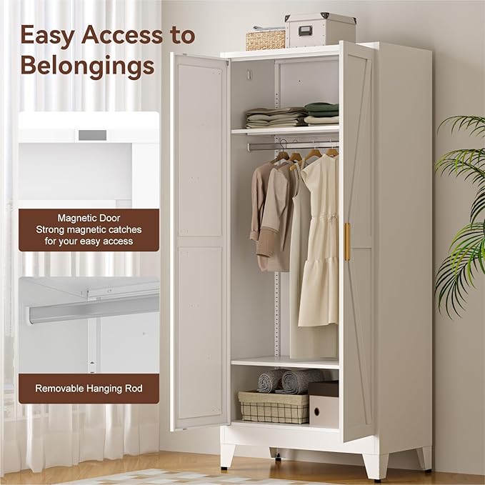 COFaR Metal Wardrobe Cabinet, 71" Farmhouse Storage Cabinet with Hanging Rod, 2 Barn Door, 2 Adjustable Shelves and Legs, for Bedroom, Laundry Room, Cloak Room, Gym, Office, School (White)