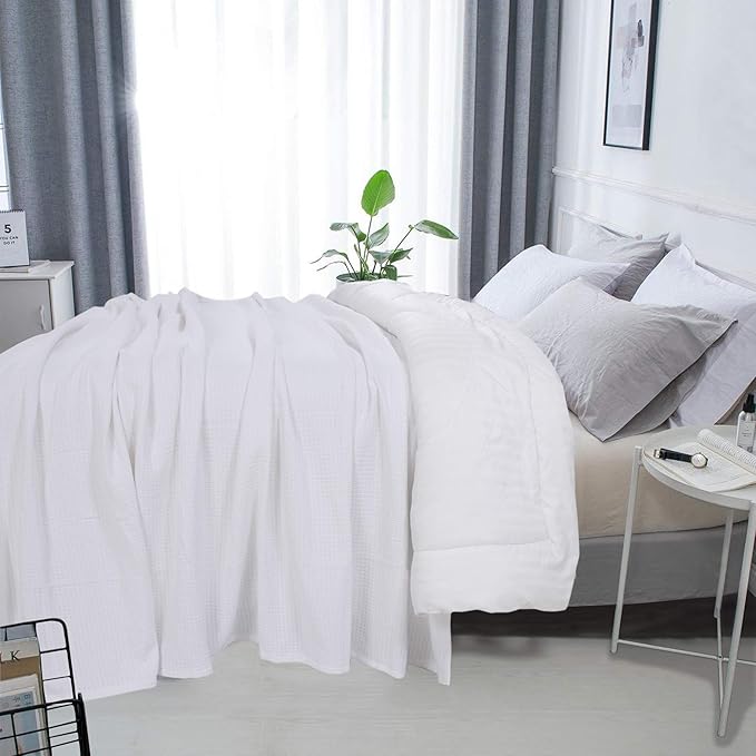 DOLLCENT 100% Cotton Twin Size Blanket for Bed, Premium Soft Combed Lightweight Blankets, Washed Breathable Cozy Bed Throw Blanket, White Twin Cotton Blankets for All Season: White (66"x90")