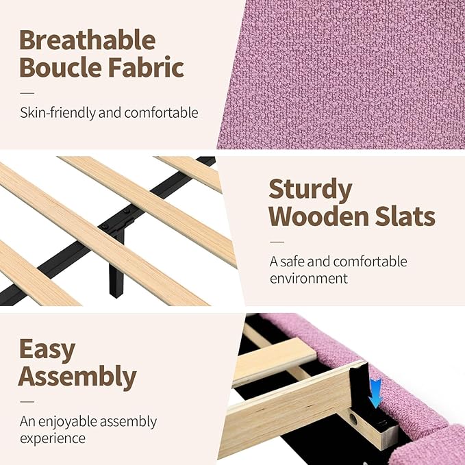 BarnFurin Twin Size Bed Frame, Boucle Upholstered Platform Bed Frame with Headboard, Modern Style, Soft Rounded Corners, No Box Spring Required, Easy Assembly, Rose Pink