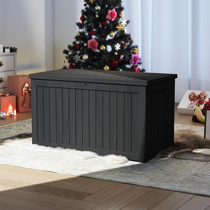 270 Gallon Resin Deck Box, Waterproof Outdoor Storage Box, Lockable for Patio Furniture, Garden Tools, Pool Accessories, UV-Resistant for All Weather Use, Black